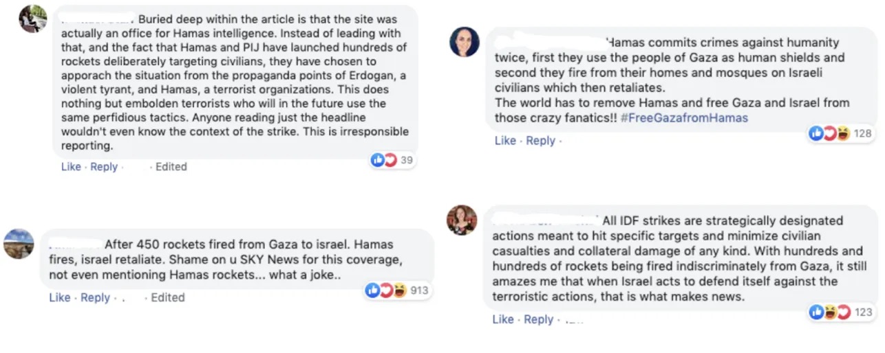 Four Facebook comments, names removed, on news articles that Act.IL promoted during the May 4–5. (Source: Facebook)