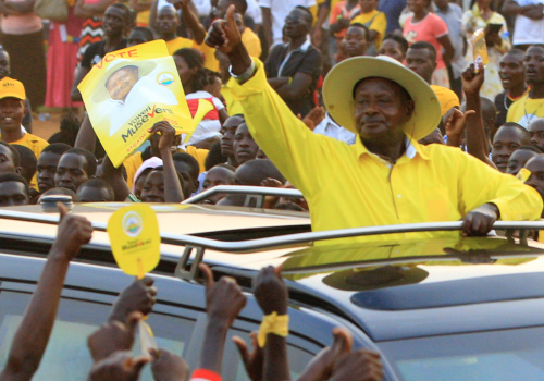 In this photo from the 2016 Ugandan presidential election, Uganda’s President and the presidential candidate Yoweri Museveni of the ruling party National Resistance Movement (NRM) waves to his supporters as he arrives at a campaign rally in Entebbe, Uganda, February 10, 2016. (Source: REUTERS/James Akena TPX IMAGES OF THE DAY)
