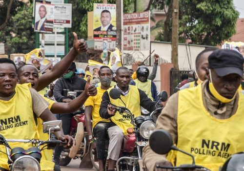 Banner: Supporters of Uganda’s ruling National Resistance Movement party drive around Kampala on boda bodas (motorcycles) following the announcement that Yoweri Museveni has won the sixth term as president. Uganda’s elections, on January 14, 2021, were the most tense in decades. (Photo by Sally Hayden / SOPA Images/Sipa USA via Reuters Connect)