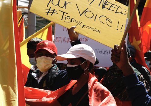 Protesters marching against the conflict in Tigray hold placards with the hashtag #TigrayGenocide in New York City on March 25, 2021. (Source: Reuters/John Lamparski/SIPA USA)