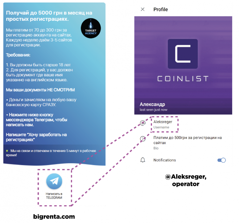 A composite image of bigrenta.com (left), one of the websites identified by the Google Tag Manager ID, and profile information for the destination Telegram account (right) that the clickthrough link points to from bigrenta.com. The link and profile address are highlighted in purple boxes.