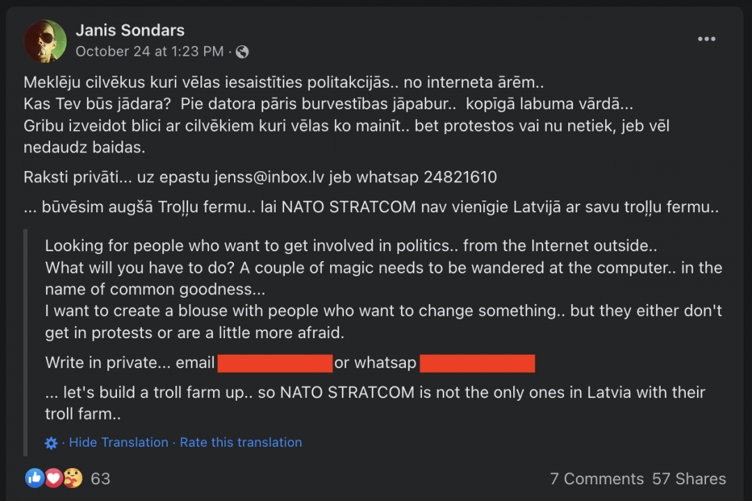 A screengrab of Janis Sondars posting a public call to recruit people for a troll farm “for the common good.”