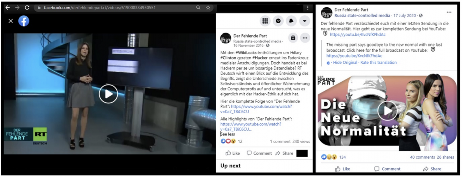 Left: screengrab from November 16, 2016, of the Der Fehlende Part Facebook page containing a link to the now-removed YouTube channel. Right: July 2020 post announcing that the show will cease airing.