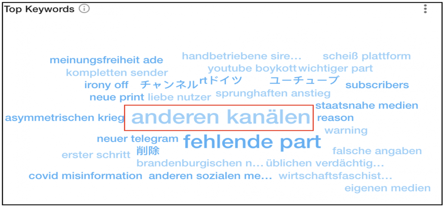 Screengrab of word cloud from a Meltwater Explore query showing that “andere kanäle” (“other channels” in German) was the most frequently mentioned keyword by RT DE’s Twitter account after September 27, 2021.