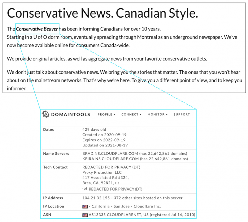 Screencaps of the previous About section of the Conservative Beaver website and the WHOIS record of the website Conservative Beaver.