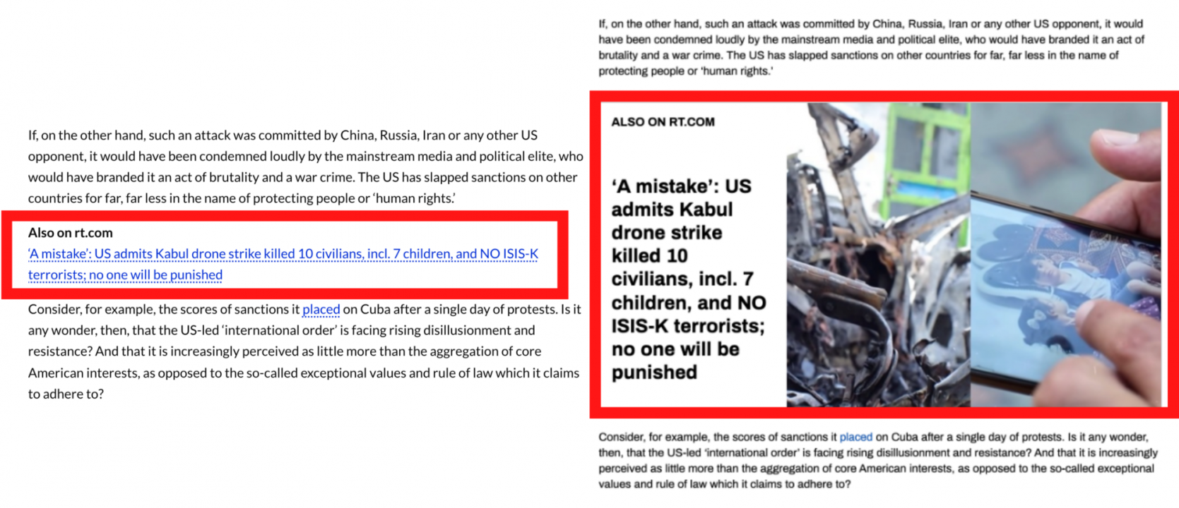 Example of an article from the Conservative Beaver (left) including a text version of the same promotional link (red boxes) used in RT’s original version of the story (right) at the same point in the article.
