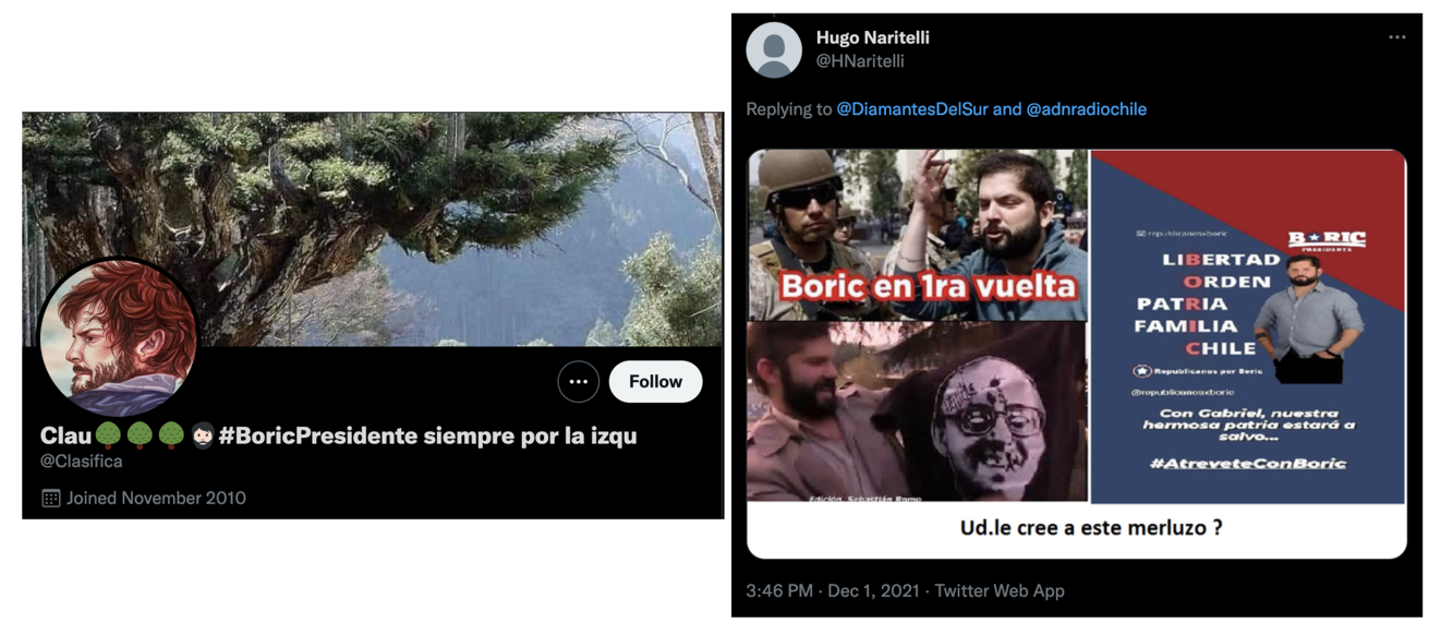 Screencaps of a Twitter account profile (left) and a different account’s post (right), both of which indicated clear political sentiment. The profile at left includes a name that reads in Spanish, “#BoricPresidente always on the left,” while the post at right is a meme graphic that mocks Boric, asking at the bottom, “Do you believe in this merluzo?” Merluzo, or “hake” in English, is a type of fish used as an insult in some Spanish-speaking countries to mean “slippery.”