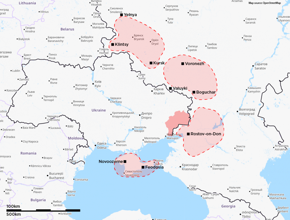 Map outlining key locations in the current military buildup in Crimea and on the Ukraine border.