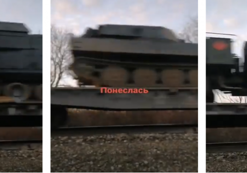Screenshots of Buk-M3, 2S1, and other equipment from the 34th MRB moving to Kerch, Crimea, with the Russian word for “rushed” superimposed on them. (Source: TikTok)