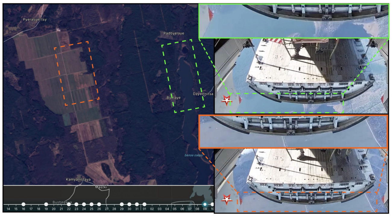 Geolocation of the video suggests that the paratroopers landed in a field south of Gozhsky training grounds. Two lakes are seen next to the landing field (green) and the landing field can be identified by the distinctly visible roads (orange). 