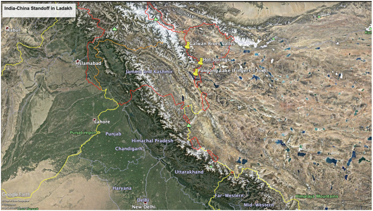 Google Earth map shows sites of contestation between Indian and Chinese troops along the LAC in eastern Ladakh.