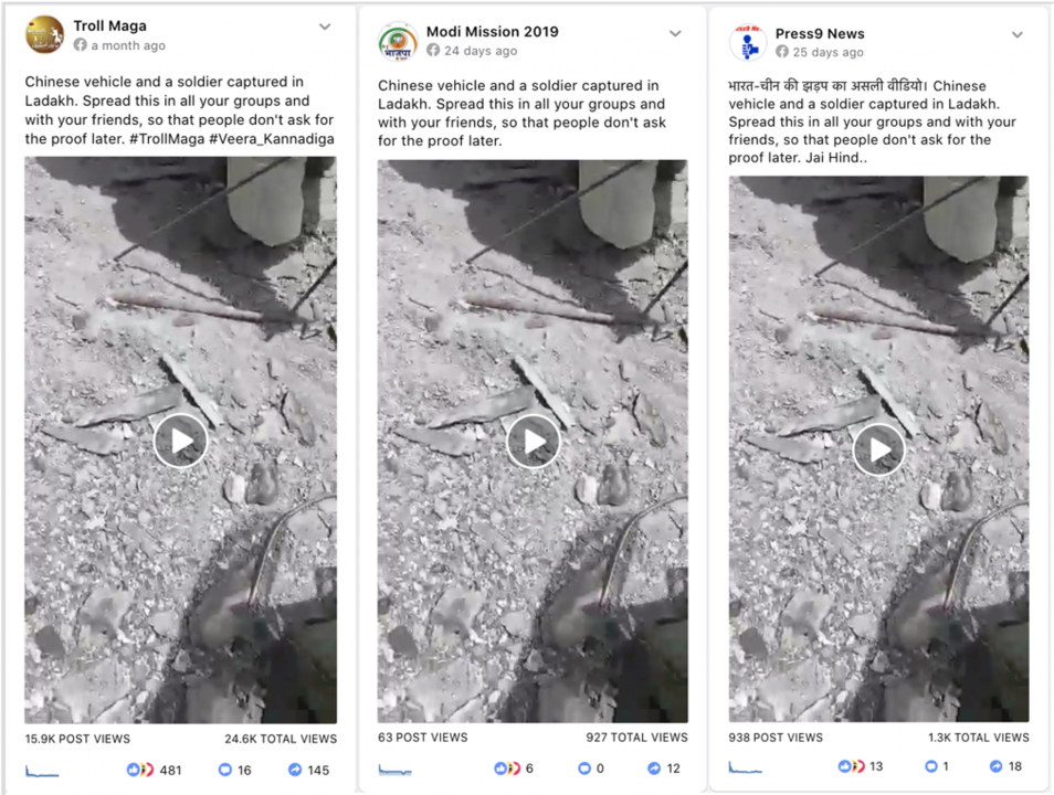 Screencaps of Twitter posts amplifying the old video alongside false allegations of the capture of a Chinese soldier and vehicle by Indian soldiers in retaliation for the Galwan River incident.