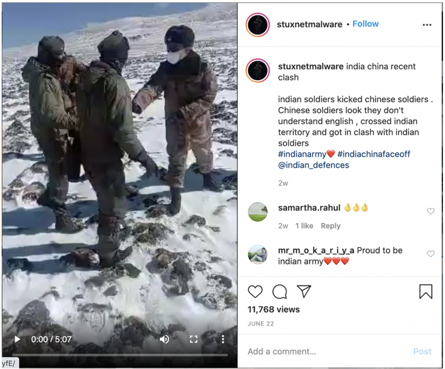 Screencap of an Instagram post by account stuxnetmalware that amplified an unverified video of Indian and Chinese troops confronting each other as military officials met for de-escalation talks.