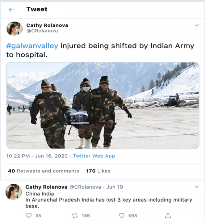 Screencap of @Crolanova’s tweet sharing an old image that the post claims depicted Indian soldiers injured in the Galwan River clash and a subsequent tweet by the same account amplifying false allegations of territorial losses inflicted by Chinese military in the Indian state of Arunachal Pradesh. 
