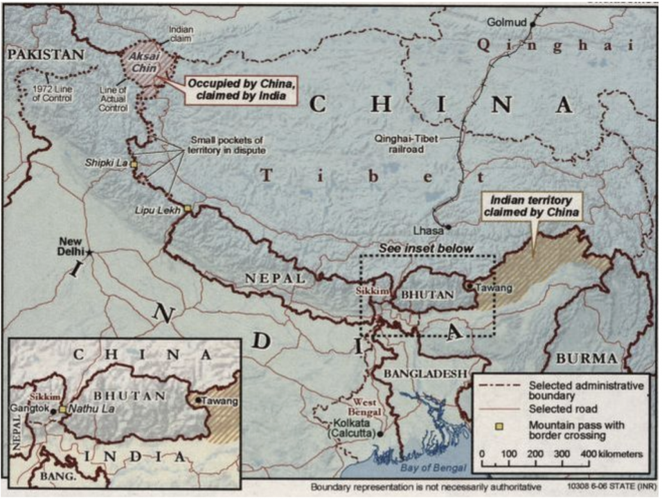 Screencap of a declassified CIA Map (2016) showing the India-China border alongside disputed regions.