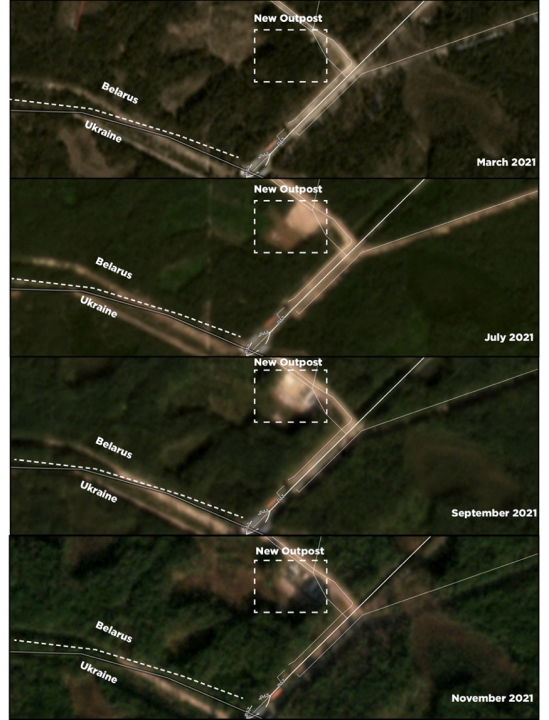 Comparison of historical satellite imagery revealed the construction timeline of the outpost (white dash square). First signs of construction — the clearing of a field — were visible by July 2021. By November 2021, most of the buildings seen in the video were already constructed. White dotted line in the bottom left of the image marks Ukrainian-Belarusian border.