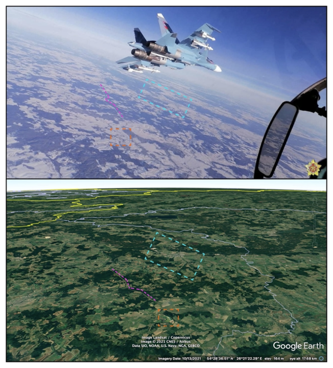 Geolocation of the Belarusian jetfighter. The Belarusian town of Ashmyany is marked in light blue dashes; pink dashes outline a bow-shaped road; orange dashes mark two small lakes; and a yellow line marks the Lithuanian border.