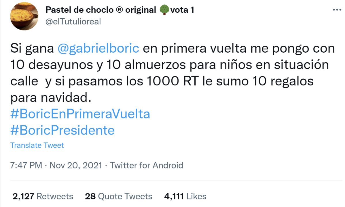 Screencap of a tweet posted ahead of the first electoral round that reads: “If @gabrielboric wins in the first round I’ll enter with 10 breakfasts and 10 lunches for kids living in the streets and if we go over 1000 RT I’ll add 10 Christmas gifts.”