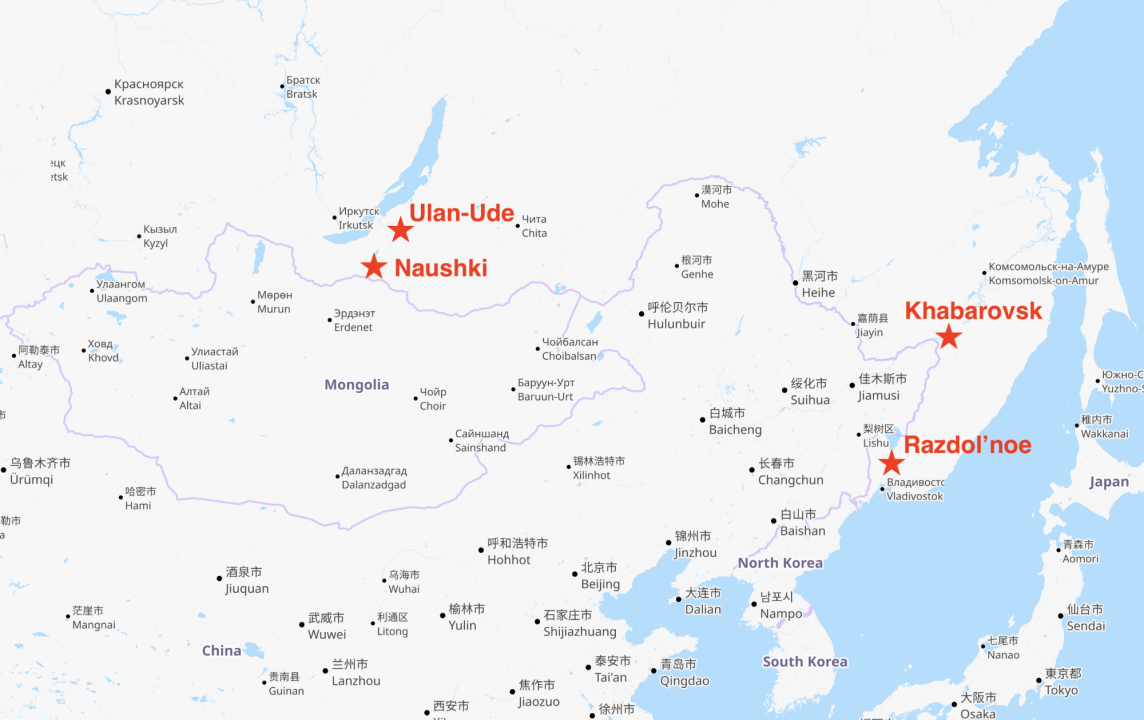 Map of Russia’s far east, highlighting the locations where footage of military equipment was geolocated in early January 2022.