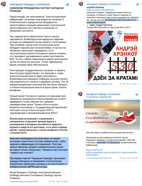 Screenshots of Telegram posts by Narodnaya Gramada calling on citizens to ignore the referendum, as seen in the highlighted text. 