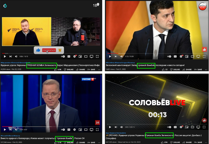 YouTube channels of the pro-Kremlin platforms blame Ukraine of creating a dirty bomb. Green marks indicate the words “dirty bomb” in the titles of the videos. 