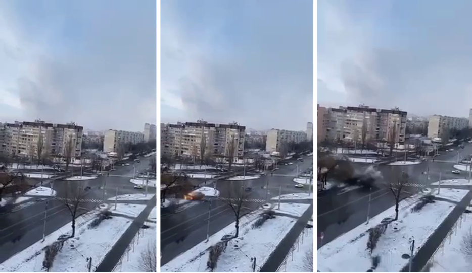 Screengrabs showing shelling in Saltovka on February 26.