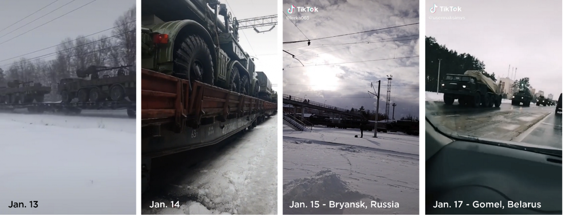 Screenshots of TikTok videos showing the convoy moving through Russia.