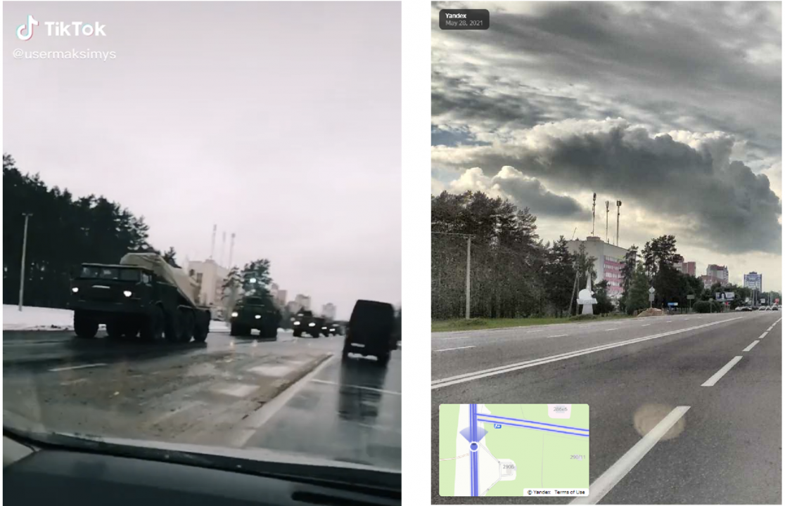 Comparison between a video showing Russian rocket artillery moving through Gomel and reference imagery from Yandex Street View. 