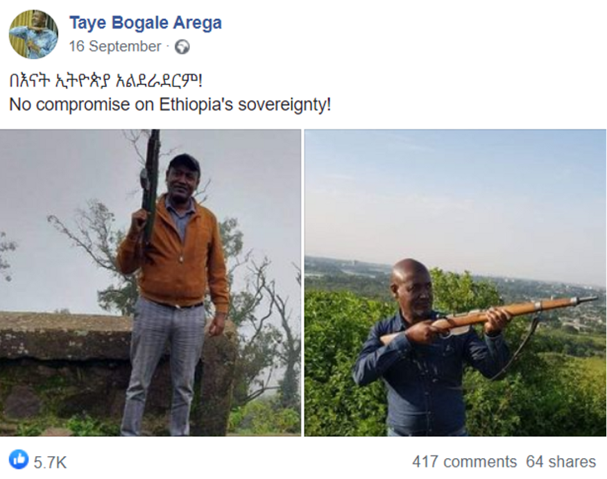 Screencap of photos posted by historian Taye Bogale Arega of himself holding a rifle a day after calling for the “eradication” of the TPLF. 