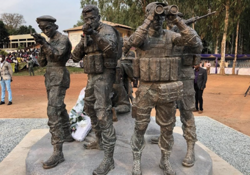 The newly unveiled statue in Bangui, Central African Republic, features two Russian mercenaries up front with CAR soldiers behind them to the left and right.