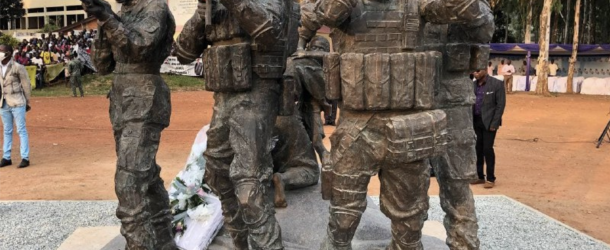 The newly unveiled statue in Bangui, Central African Republic, features two Russian mercenaries up front with CAR soldiers behind them to the left and right.