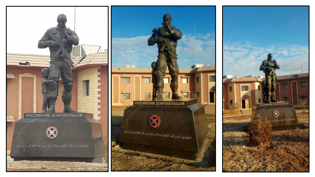 Photos of the same “protecting soldier” statue in Palmyra, Syria. 