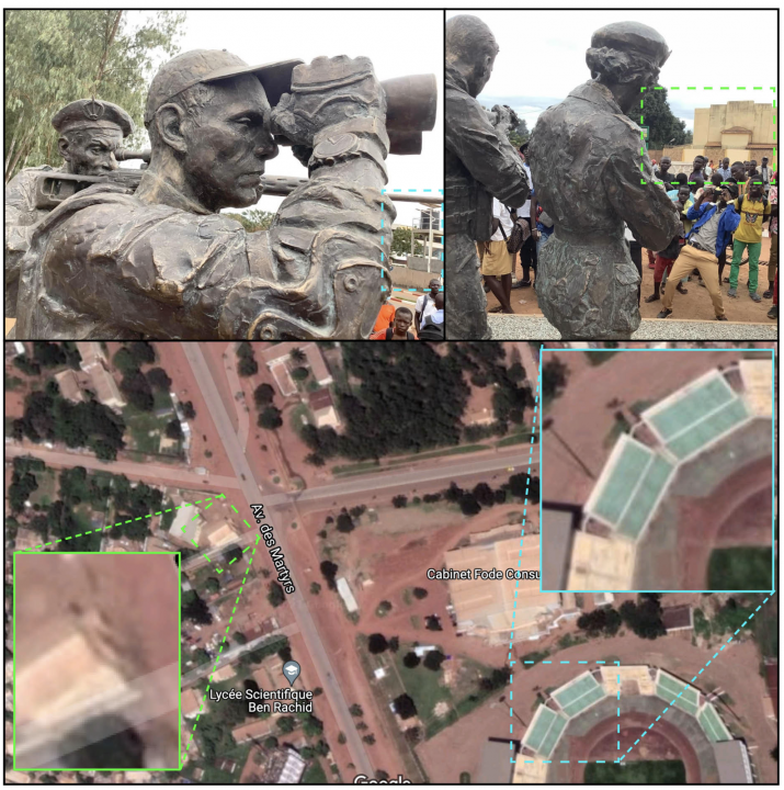 Geolocation #1: A seating section of the stadium seen in the background (marked in blue) helped geolocate the statue. The building facade (marked in green) on the western part of the junction confirmed the location. 