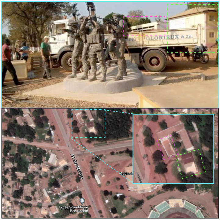 Geolocation #2: University buildings (marked in pink and green) behind the statues closely resembled the buildings on the northern part of the junction.