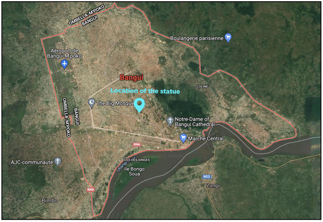 Location of the new statue pinpointed in central Bangui, Central African Republic.