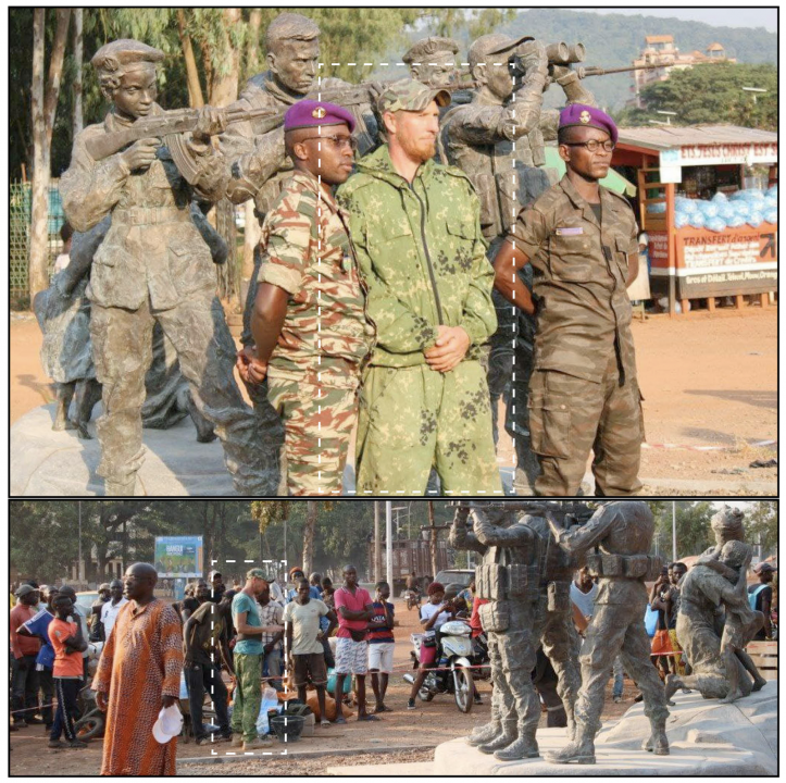 Photos of individuals resembling Russian PMC advisers taken next to the newly erected statue.