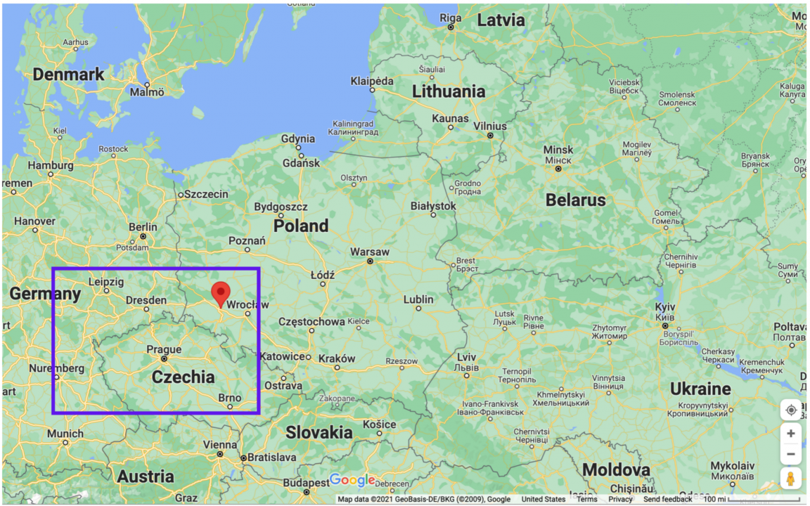 Map of Central Europe with Legnica, Poland marked with a red pin. Blue rectangle represents approximate area of inset map (below). Legnica is roughly 100 kilometers from the German border and 600 kilometers from the Belarusian border. 
