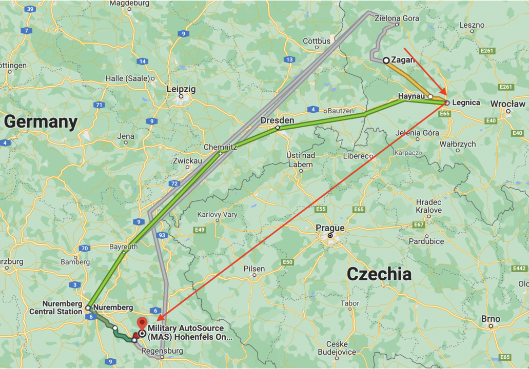 Inset map showing the possible route of the train in question. According to the US military, it was carrying vehicles from Żagań to Hohenfels.