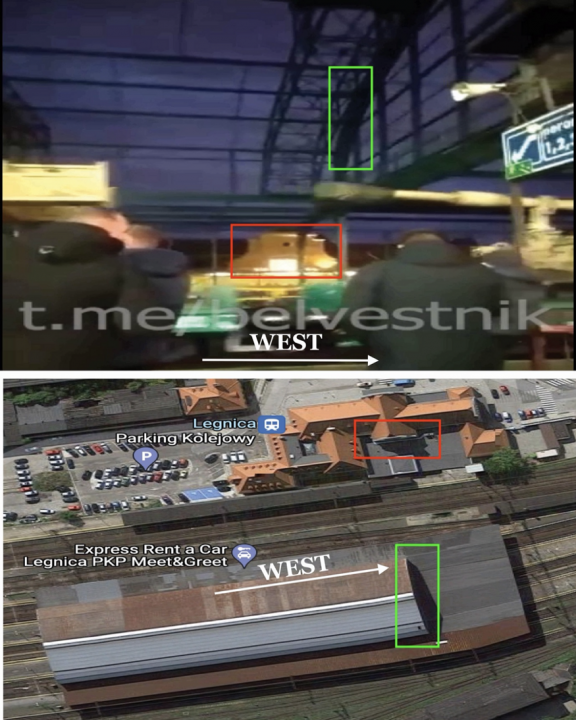 Geolocation of the BelVestnik’s video, comparing a still capture from the video with inverted satellite imagery of the Legnica train station, as obtained from Google Maps. The red rectangle marks the main station building, while the green rectangle marks the roof of the platform building. White arrows mark trajectory of a train’s movement. The map has been inverted to a south-north orientation to match the orientation of the videographer, who was facing south at the time they recorded it. 