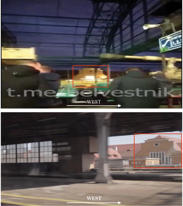Comparison of a still capture from the BelVestnik video (top) with a second video of the same station as found on YouTube (bottom). The red square highlights the identically shaped façade of the main railway station to the south of the platform, as seen in each video. White arrows show trajectory of a train movement.