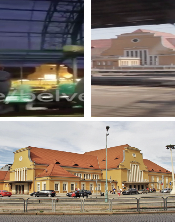Comparison of the façade of the main station building, as seen in the BelVestnik video, the video from YouTube, and a still photo from Wikimedia Commons. 