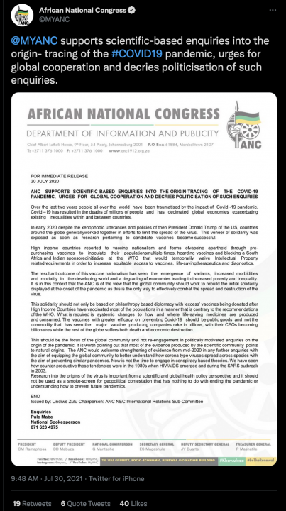 Screencap of ANC’s statement on COVID politicization, as posted to the party’s official Twitter account.