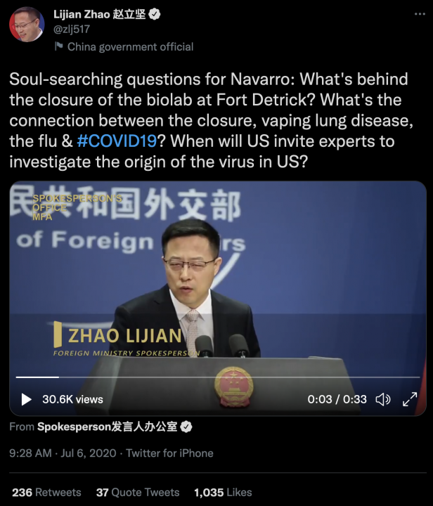 Screencap of Zhao Lijian’s July 6, 2020, tweet in which he postures leading questions around COVID-19’s origins, pointing in particular at Fort Detrick in Maryland. 