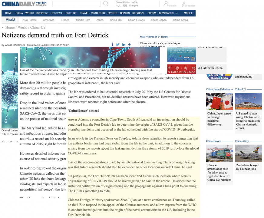 Screencap of China Daily article quoting Anwar Adams to elevate Fort Detrick conspiracy. The highlighted portion is that which quoted or paraphrased Adams at length.