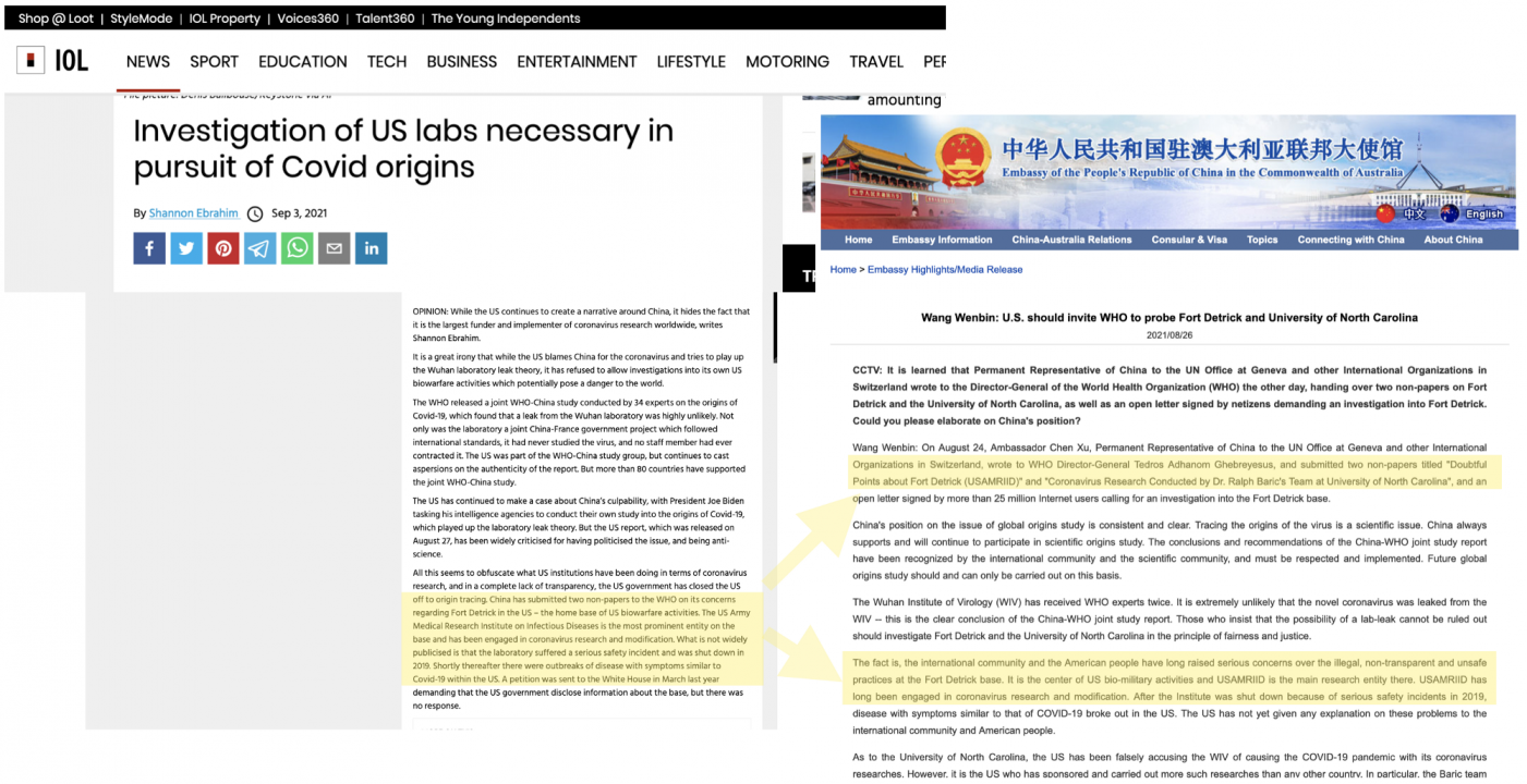 Side-by-side comparison of Shannon Ebrahim’s September 3, 2021, article posted to the IOL website and an official statement from a Chinese official, as posted to the Chinese Embassy to Australia’s website. The highlighted sections indicate talking points closely resembling each other. 
