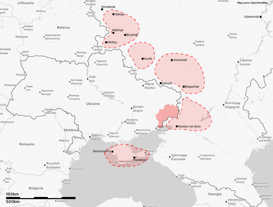 Russian troop presence estimates as of December 17, 2021. The DFRLab confirmed new activity around Kursk, Bryansk, Valuyki and Kletnya, alongside previously documented activity east of Ukraine and in Crimea.