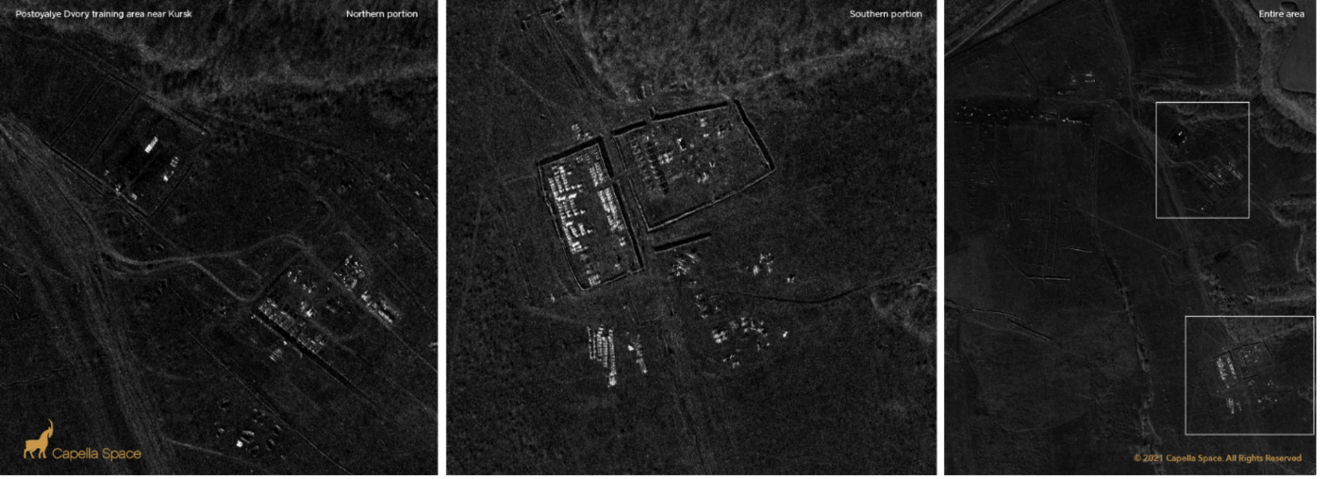 Synthetic Aperture Radar imagery shows a new military camp near Kursk.