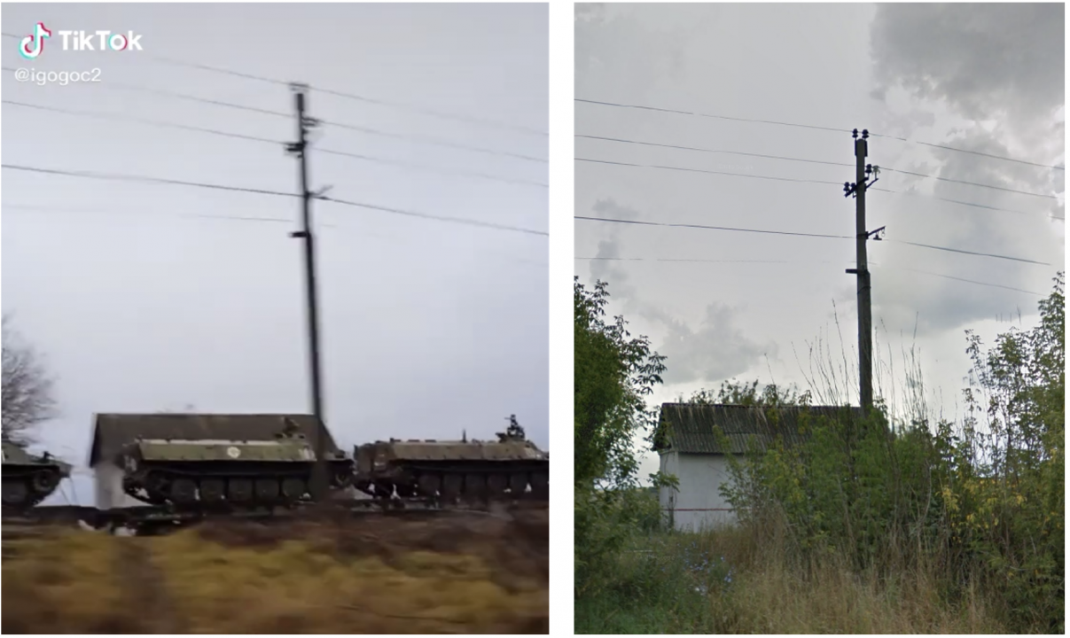 A screenshot from a TikTok video (left) shows a shed identified on Google Street View (right), which was used to help geolocate the train carrying armored vehicles from the 25th MRB.