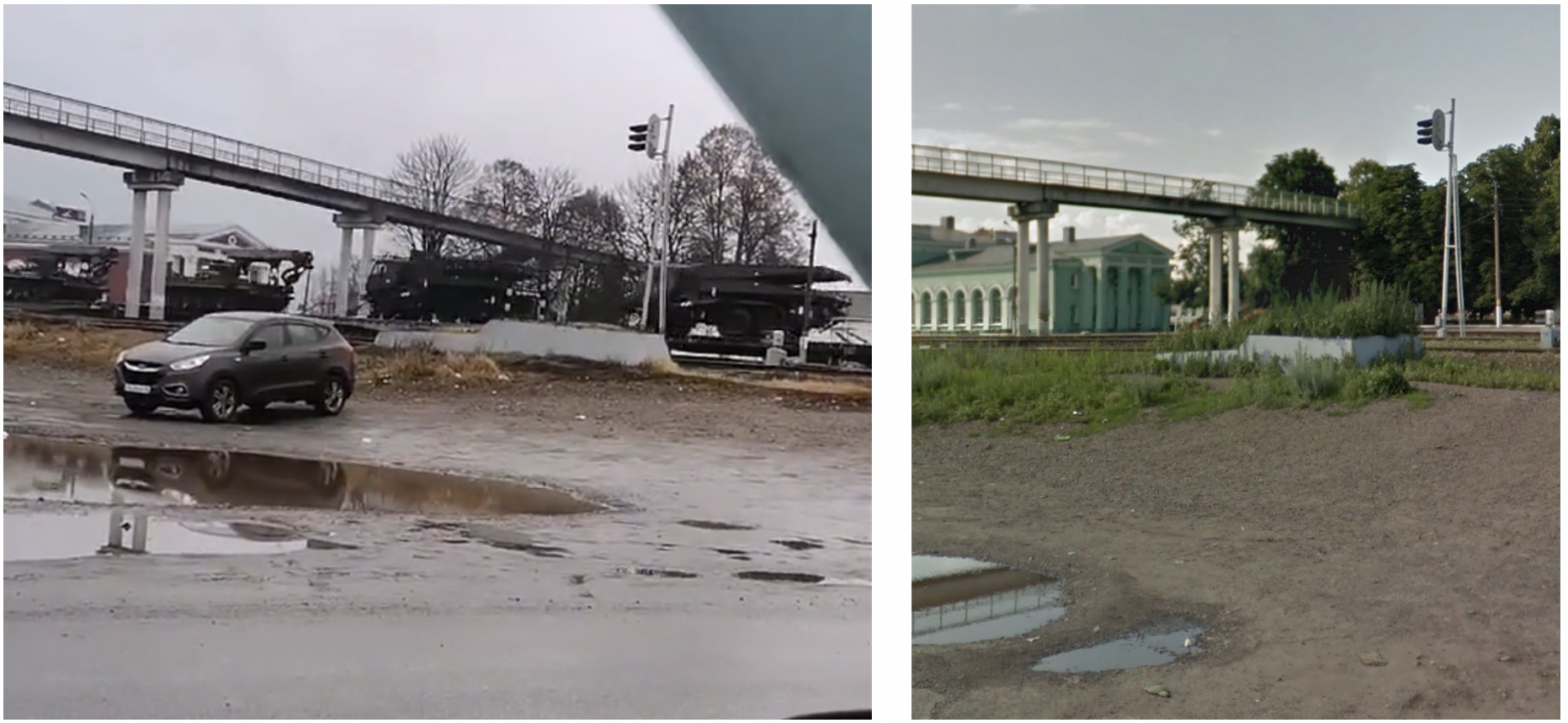 Screenshots from TikTok (left) and Google Street View (right) show mechanized bridges and obstacle-clearing vehicles moving towards Kursk.