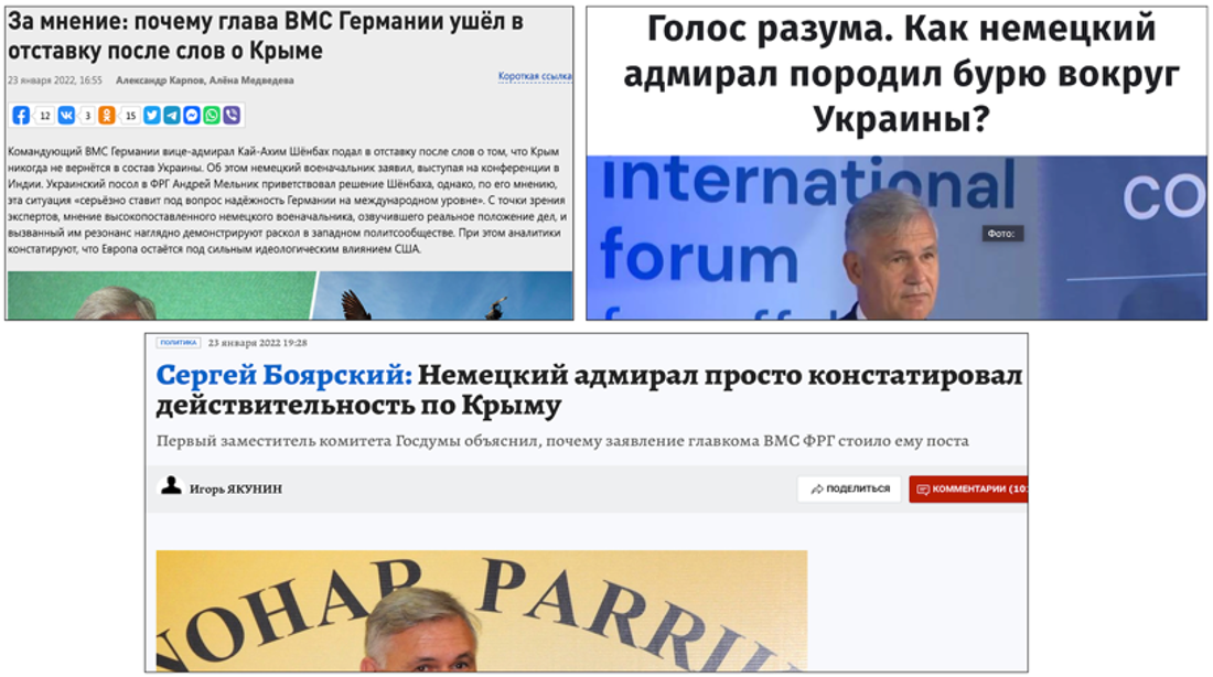 Screenshots of articles by Kremlin-owned and pro-Kremlin online outlets blaming the U.S. for German Navy chief resignation and presenting Ukraine as non-independent state. 